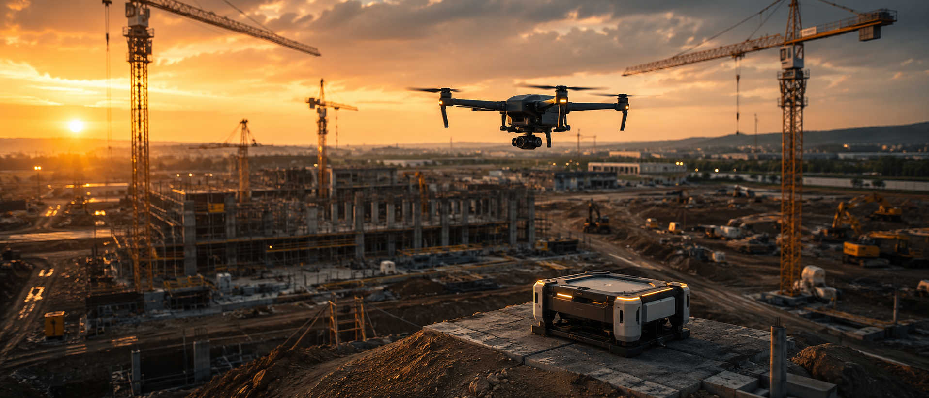 Survey drone over construction site with docking station