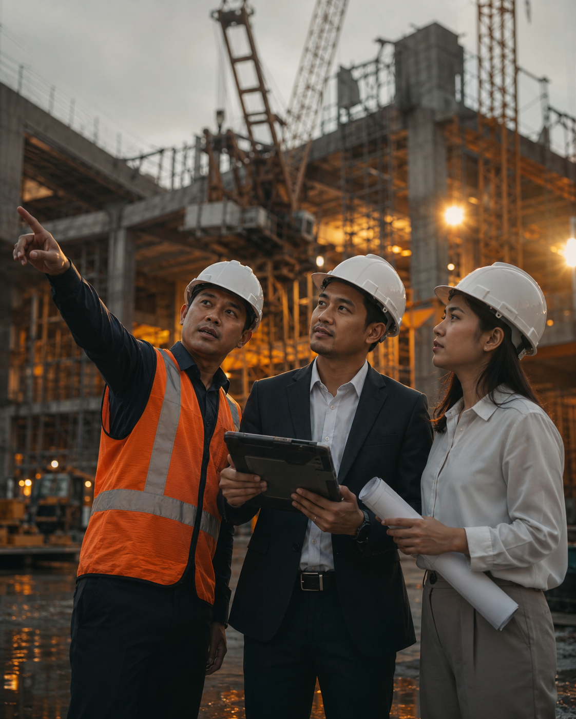 i-Supervision team of construction professionals reviewing progress on an active site